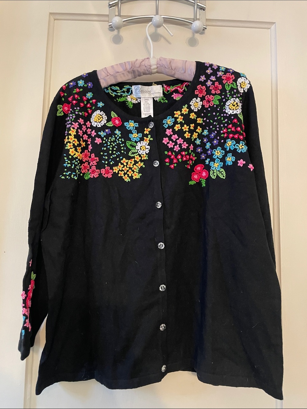 Marisa Christina Black Cardigan with Multicolor Floral Embroidery